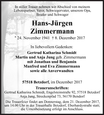 Traueranzeige von Hans-Jürgen Zimmermann von Siegener Zeitung