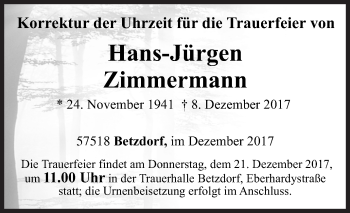 Traueranzeige von Hans-Jürgen Zimmermann von Siegener Zeitung