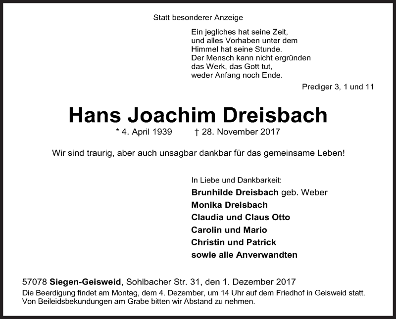  Traueranzeige für Hans Joachim Dreisbach vom 01.12.2017 aus Siegener Zeitung