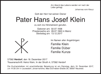 Traueranzeige von Hans Josef Klein von Siegener Zeitung