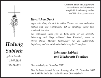 Traueranzeige von Hedwig Sabisch von Siegener Zeitung