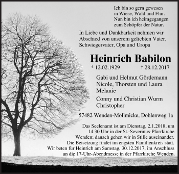 Traueranzeige von Heinrich Babilon von Siegener Zeitung