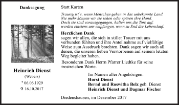 Traueranzeige von Heinrich Dienst von Siegener Zeitung