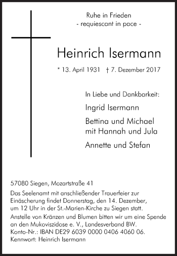 Traueranzeige von Heinrich Isermann von Siegener Zeitung