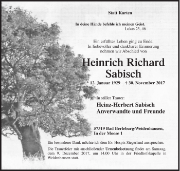Traueranzeige von Heinrich RFichard Sabisch von Siegener Zeitung