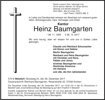 Traueranzeige von Heinz Baumgarten von Siegener Zeitung