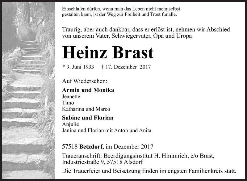  Traueranzeige für Heinz Brast vom 20.12.2017 aus Siegener Zeitung