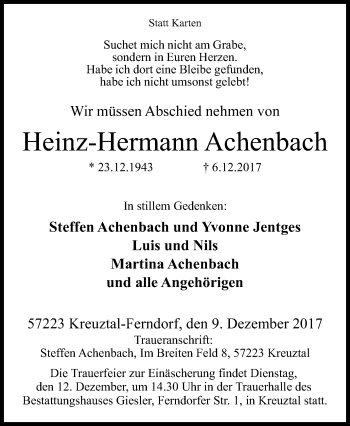 Traueranzeige von Heinz-Hermann Achenbach von Siegener Zeitung