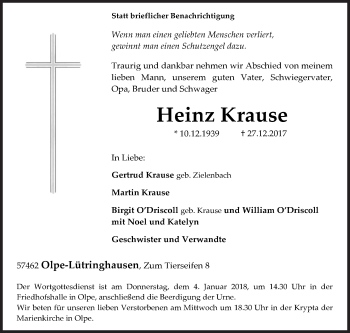 Traueranzeige von Heinz Krause von Siegener Zeitung