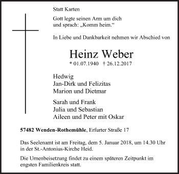 Traueranzeige von Heinz Weber von Siegener Zeitung