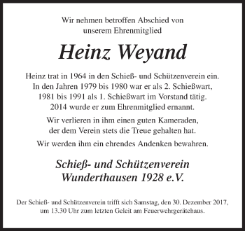 Traueranzeige von Heinz Weyand von Siegener Zeitung