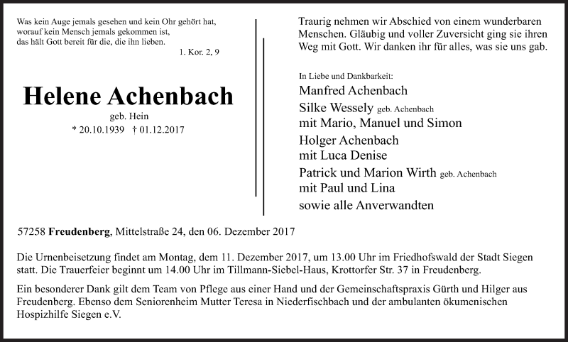  Traueranzeige für Helene Achenbach vom 06.12.2017 aus Siegener Zeitung