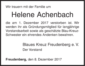 Traueranzeige von Helene Achenbach von Siegener Zeitung