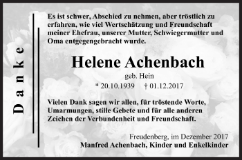 Traueranzeige von Helene Achenbach von Siegener Zeitung