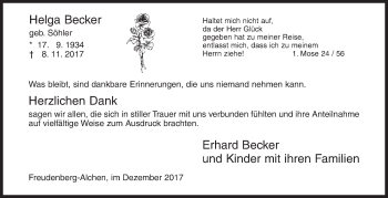 Traueranzeige von Helga Becker von Siegener Zeitung