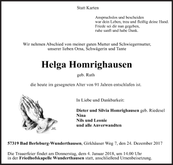 Traueranzeige von Helga Homrighausen von Siegener Zeitung