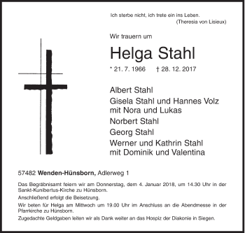 Traueranzeige von Helga Stahl von Siegener Zeitung