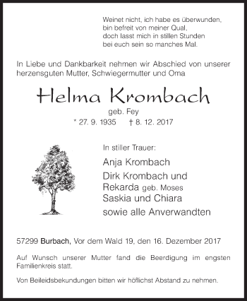 Traueranzeige von Helma Krombach von Siegener Zeitung