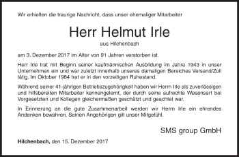 Traueranzeige von Helmut Irle von Siegener Zeitung