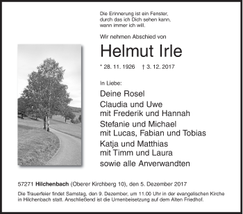 Traueranzeige von Helmut Irle von Siegener Zeitung