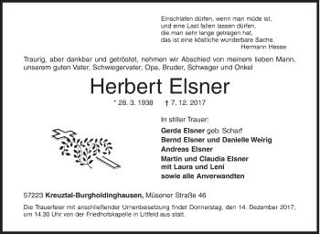 Traueranzeige von Herbert Elsner von Siegener Zeitung