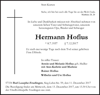 Traueranzeige von Hermann Hofius von Siegener Zeitung