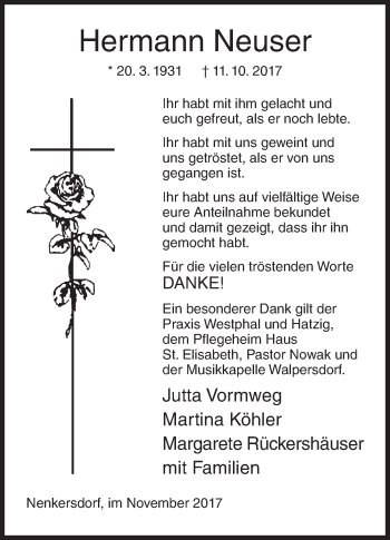 Traueranzeige von Hermann Neuser von Siegener Zeitung