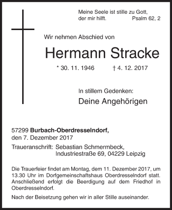 Traueranzeige von Hermann Stracke von Siegener Zeitung