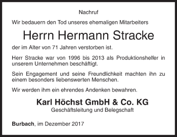 Traueranzeige von Hermann Stracke von Siegener Zeitung