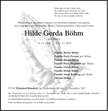 Traueranzeige von Hilde Gerda Böhm von Siegener Zeitung