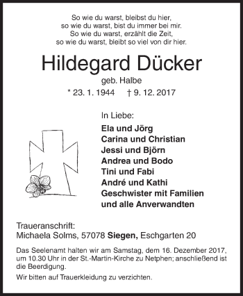 Traueranzeige von Hildegard Dücker von Siegener Zeitung