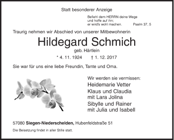 Traueranzeige von Hildegard Schmich von Siegener Zeitung