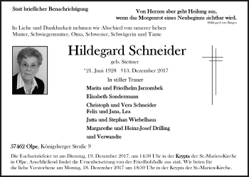 Traueranzeige von Hildegard Schneider von Siegener Zeitung