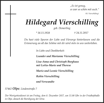 Traueranzeige von Hildegard Vierschilling von Siegener Zeitung