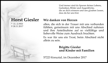 Traueranzeige von Horst Giesler von Siegener Zeitung