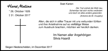 Traueranzeige von Horst Malina von Siegener Zeitung