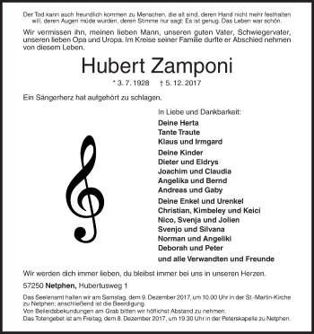 Traueranzeige von Hubert Zamponi von Siegener Zeitung