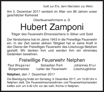 Traueranzeige von Hubert Zamponi von Siegener Zeitung