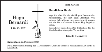 Traueranzeige von Hugo Bernardi von Siegener Zeitung