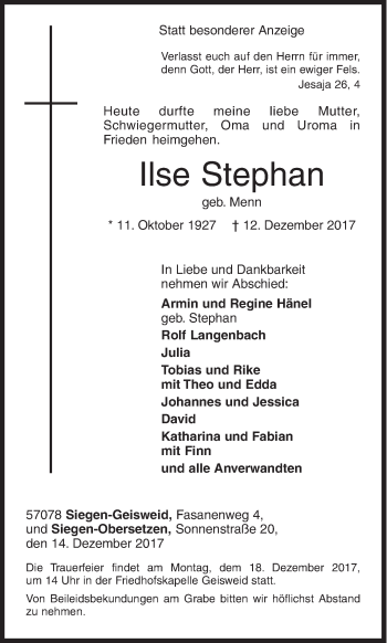 Traueranzeige von Ilse Stephan von Siegener Zeitung