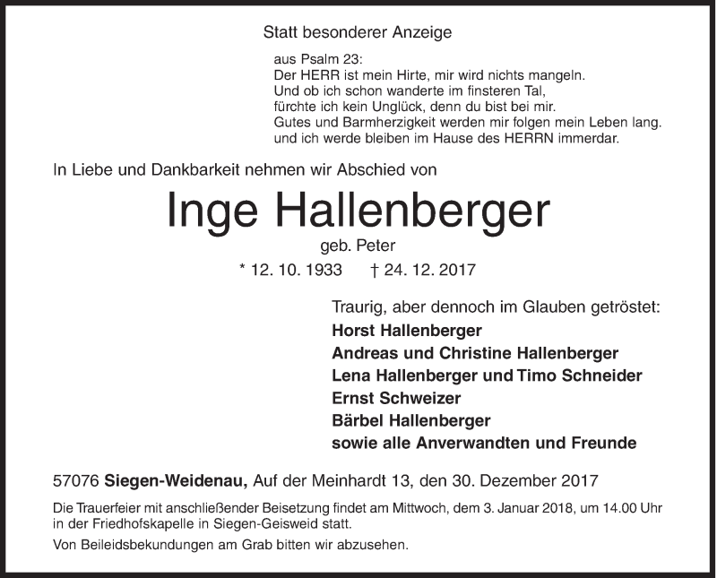  Traueranzeige für Inge Hallenberger vom 30.12.2017 aus Siegener Zeitung