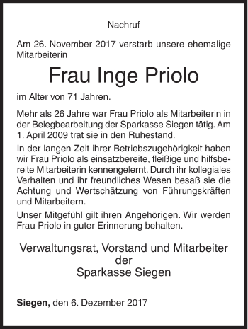 Traueranzeige von Inge Priolo von Siegener Zeitung