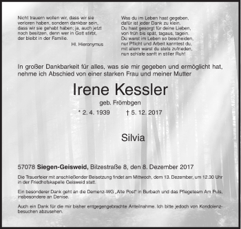Traueranzeige von Irene Kessler von Siegener Zeitung