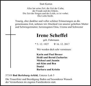 Traueranzeige von Irene Scheffel von Siegener Zeitung