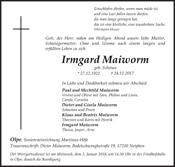 Traueranzeige von Irmgard Maiworm von Siegener Zeitung