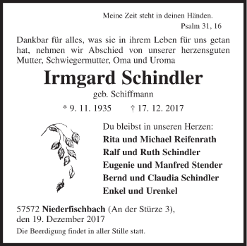 Traueranzeige von Irmgard Schindler von Siegener Zeitung