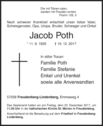 Traueranzeige von Jacob Poth von Siegener Zeitung