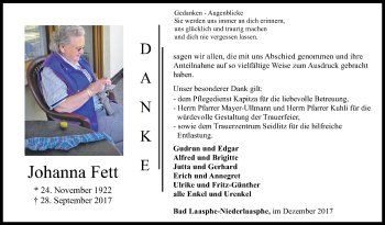 Traueranzeige von Johanna Fett von Siegener Zeitung