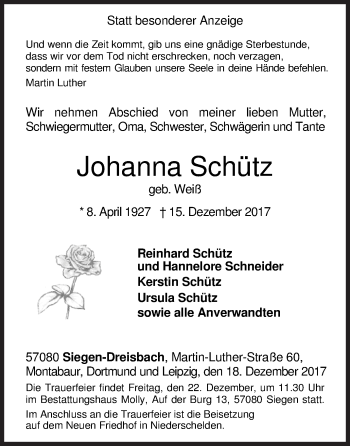 Traueranzeige von Johanna Schütz von Siegener Zeitung