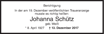 Traueranzeige von Johanna Schütz von Siegener Zeitung